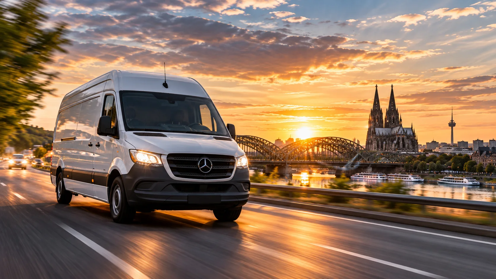 Koeriersbus bij de Rijn en de Dom van Keulen bij zonsondergang